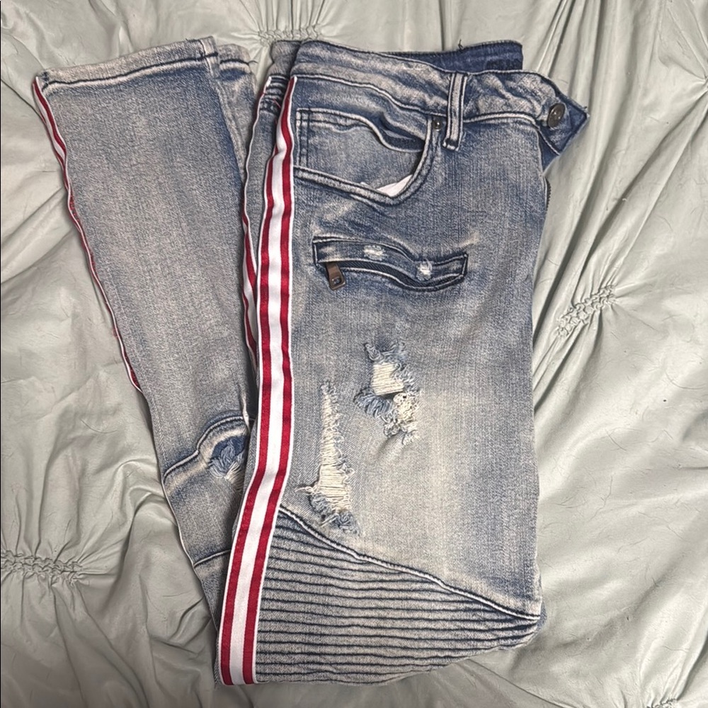 Rue21 Blue and Red Skinny Jeans with Distressed Details